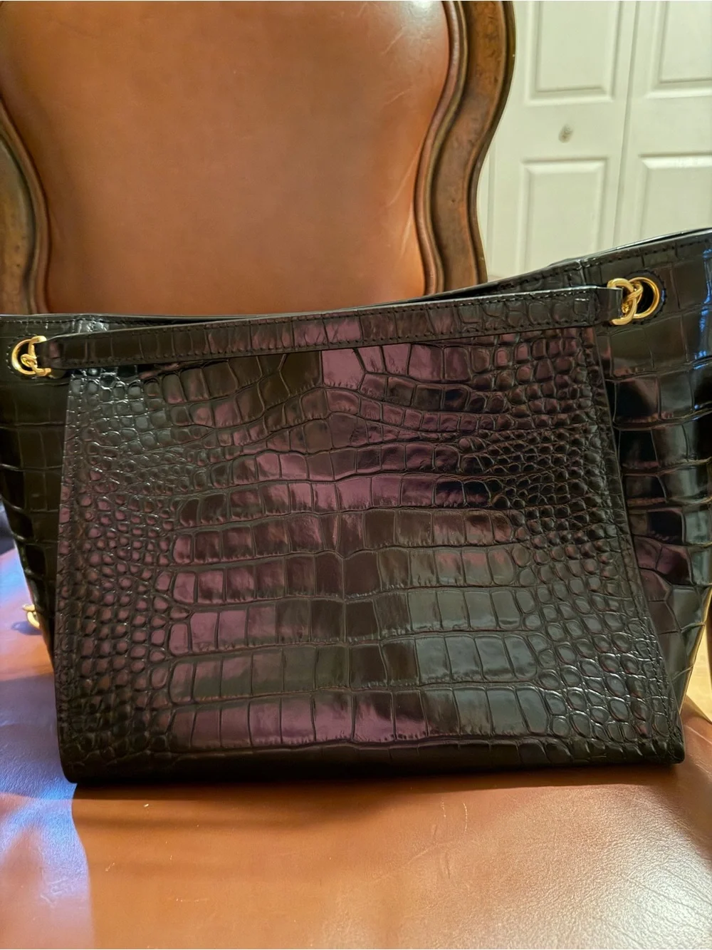 Tory Burch Black Croc-Embossed Shoulder Tote with Gold Logo